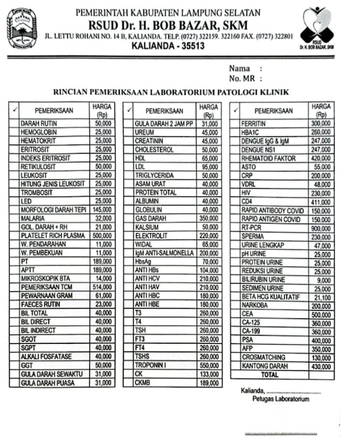 Ketersediaan Biaya/Tarif